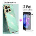 2 IN 1 Tecno Pop 7 Pro BF7 Phone Case Straight Edge Electroplated Protective Case with Curved Ceramic Screen Protector. 