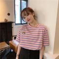 Super Hot cec Short Sleeve T Women's Summer T-shirt 2024 New Korean Style Fresh Rainbow Striped Loose Top ins Tide. 