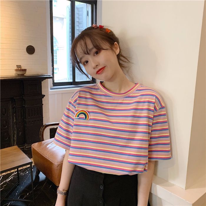 Super%20Hot%20cec%20Short%20Sleeve%20T%20Women's%20Summer%20T-shirt%202024%20New%20Korean%20Style%20Fresh%20Rainbow%20Striped%20Loose%20Top%20ins%20Tide%20-%20Image%204