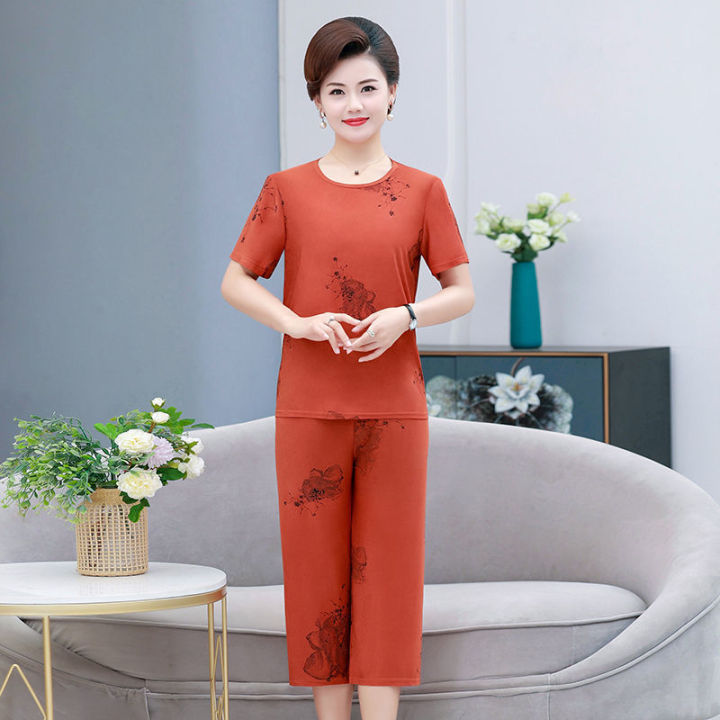 Mother's Day New Mom Summer Ice Silk Two-Piece Suit Middle-Aged and Elderly 5060 Age-Old Loose Fashion Ice Silk Suit