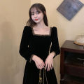 bellylady Women Cotton French Velvet Dress Retro Square Collar Puff Sleeves Simple Solid Color Large Swing Long Sleeves Dress. 