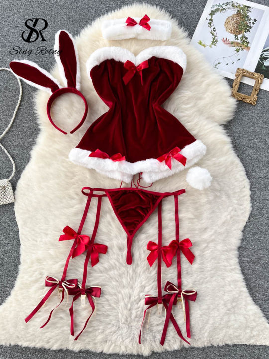 SINGREINY Cosplay Rabbit Maid Nightwear Halter Splice FuEfficientr Bow Lingerie Combination Christmas Porno Underwear Sets