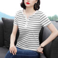 2023Summer New Top Striped Short SleeveTT-shirt Women's Summer Large Size Slimming Korean Style Loose All-Matching Flab Hiding Women's Clothing. 