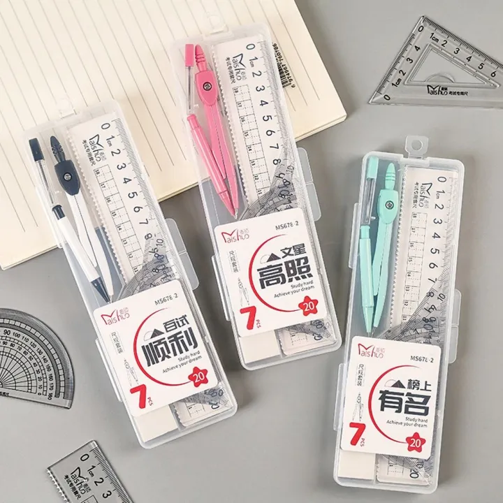 Compass And Ruler Set 7PCS/Set Multi-Function Plastic Ruler Compasses Set Transparent Eraser ...