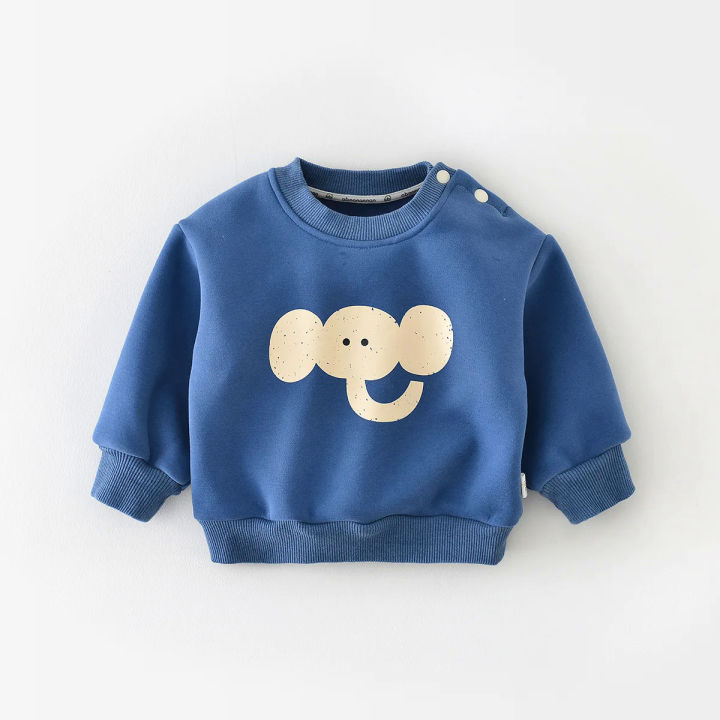 Kid Cartoon Elephant Plus Velvet Casual Hoodies Autumn Winter Boy Girl Baby Thicken Warm Tops Children Cotton Print Sweatshirt