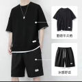 Waffle Summer Ice Silk Short Sleeve T T-shirt Suit Boys Breathable Knee Length Pants Casual Sports Trendy Simple. 