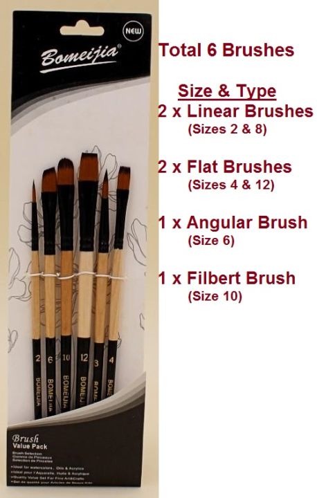 Bomeijia Paint Brush Value pack with 6 assorted Brushes ( 2 Linear Brushes , 2 Flat brushes , Angular Brush , Filbert Brush ) ideally for water colours, oil and acrylics