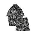 KSUK Ice Silk Fashion Casual Set Men's Summer Fashion Brand Pu Shuai Casual Printed Shirt T-shirt Shory Style Two-Piece Set. 