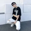 GOFB High Street Ripped White Jeans Summer New Loose Slimming Bootcut Pants American Retro Pants Men. 