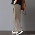 Yfashion Women Cotton Loose Wide-leg Pants Casual Cotton Linen Simple Solid Color Trousers Mid-waist Large Size Thin Pants. 