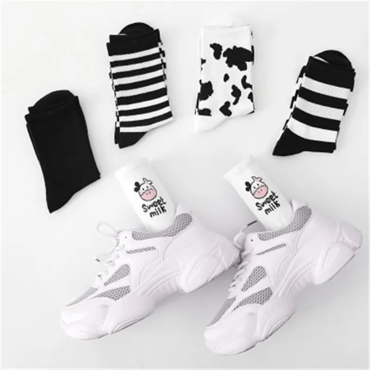 New Cow Printed Sock Lovely Harajuku Style Cotton Women Striped Solid Breathable Casual Cartoon Socks