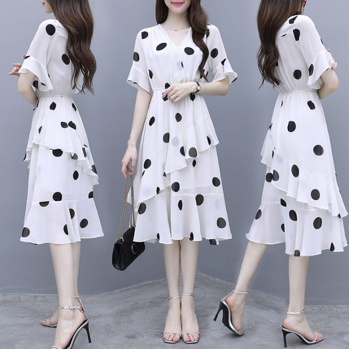 bellylady Women Cotton di Dress V-neck Polka Dot High Waist Irregular Short Ruffle Sleeves Summer Dress