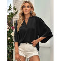 Yfashion Women Fashion Blouses Solid Color V Neck Half Sleeve Shirt Summer Stylish Loose Casual T-shirt Bottoming Top. 