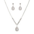 Vintage Crystal Waterdrop Pendant Necklace Earrings Silver Wedding Jewelry Set. 