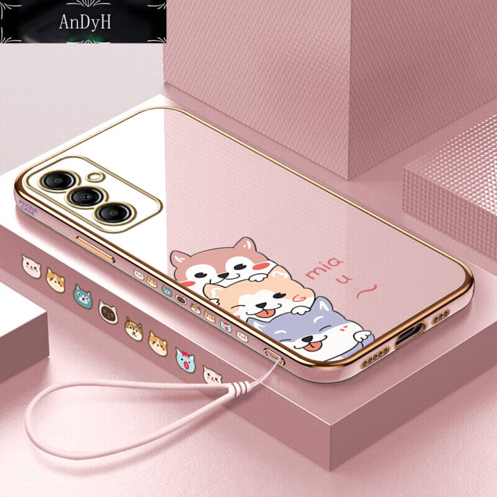 AnDyH Casing Case For Samsung Galaxy A14 5G 4G A24 A34 A54 A05S A15 A25 A35 A55 5G Case Fashion Cute Cartoon Dogs Luxury Chrome Plated Soft TPU Square Phone Case Full Cover Camera Protection Anti Gores Rubber Cases For Girls