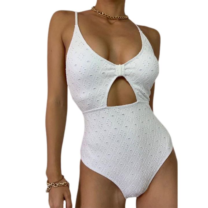 Women Bikini, Spaghetti Straps V-neck Hollowed Jacquard Summer Swimming Bathing Swimsuit