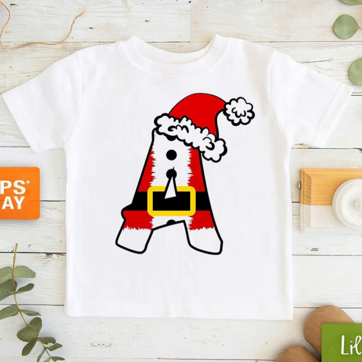 New Letters A-H Merry Christmas T-Shirt Funny Christmas Hat Tshirt Kids Clothes Boys Girls T Shirt Short Sleeve T-Shirts Top