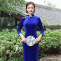 bellylady Women Cotton Velvet Cheongsam Dress Elegant Slim Fit Stand Collar Fashion Retro Solid Color Large Size Cheongsam. 