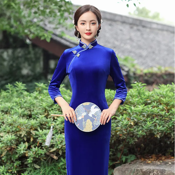 bellylady%20Women%20Cotton%20Velvet%20Cheongsam%20Dress%20Elegant%20Slim%20Fit%20Stand%20Collar%20Fashion%20Retro%20Solid%20Color%20Large%20Size%20Cheongsam%20-%20Image%204
