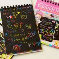 Children DIY Scratch Painting Note Magic Rainbow Scraping Drawing Art Paper with Graffiti Stencil Kids Notepad Stationery Toys. 