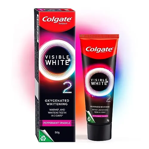 Colgate Visible White O2, Teeth Whitening Toothpaste (50g) for noticeably whiter teeth starting in 3 days. Peppermint Sparkle with Active Technology, Enamel Safe Teeth Whitening FROM INDIA(SAM)