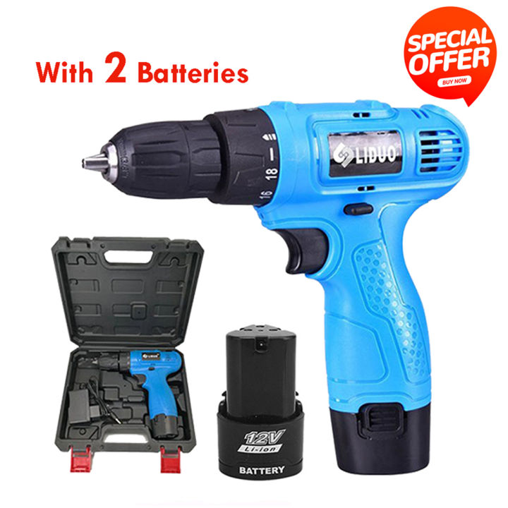 Electric Drill Cordless Rechargeable Screwdriver With Carrying Case 2 Li-Ion Battery Drill