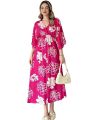 Neetu Collection Women's 3/4 Sleeves Rayon Fabric V Neck Front Slit Flower Printed Midi Dress for Wedding Party & Festive - Pink. 