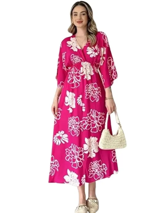 Neetu%20Collection%20Women's%203/4%20Sleeves%20Rayon%20Fabric%20V%20Neck%20Front%20Slit%20Flower%20Printed%20Midi%20Dress%20for%20Wedding%20Party%20&%20Festive%20-%20Pink%20-%20Image%202