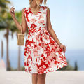 Yfashion Women Floral Dress Sleeveless V Neck High Waist A Line Dress Flowy Swing Shift Dresses With Belt. 