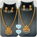 Gold color temple design long necklace set with silver color stone and off-white pearl for women and girl. 