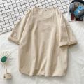 Linen Short SleeveTT-shirt Male and Female Couples Wear Overweight People plus Size Summer JapaneseinsWashed Cotton and Linen Ice Silk Loose T-shirt. 
