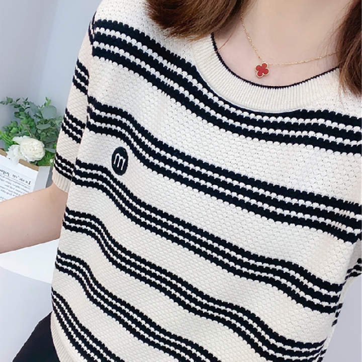 2024 Niche Contrast Color Striped Short Sleeve Versatile Knitted Top Women's New Summer round Neck Loose Slimming Sweater