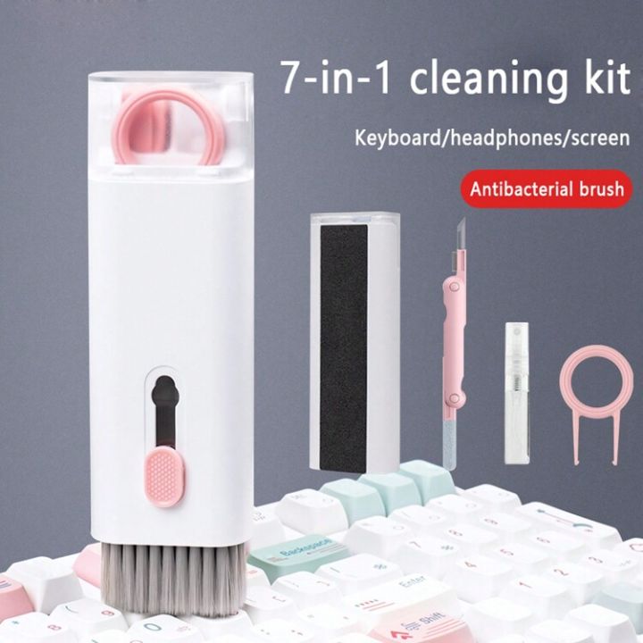 7 In 1 Keyboard Cleaning Kit, Multifunctional Cleaner Tools for Keyboard, Earphones, and Screens with Flannel Sponge, Spray Bottle, and High-Density Brush