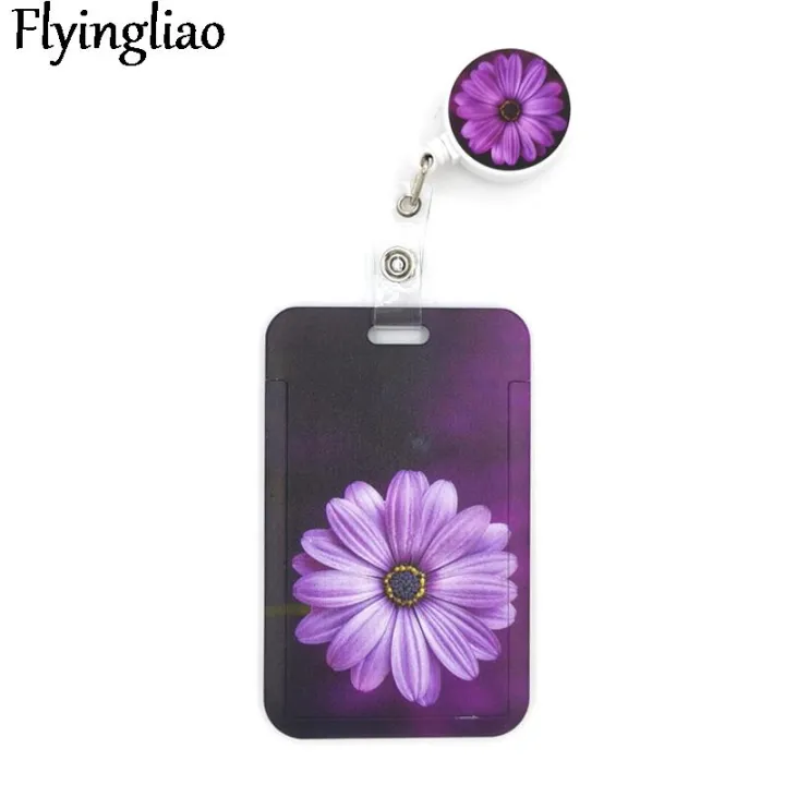 Purple Flowers Cute Card Cover Clip Student Badge Reel Clip Cartoon ID Card Holder