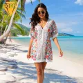 Women Swim Cover-up Boho Floral Print Beach Cover-up with Tassel Detail Sun Protection Dress for Women Colorful Print Beach Dress. 