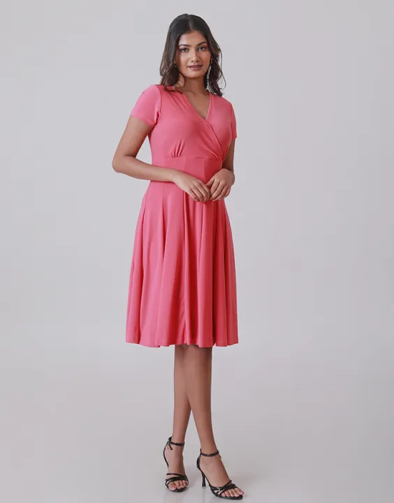 Spring & Summer Wrap Neck Line Dress with Short Sleeves