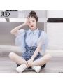 2023 Women's Two-Piece Shorts Korean Style Denim Brace Shirt Summer Nipped-Waist New Suit Age-Reducing Super Fairy Yarn Sleeve Thin. 