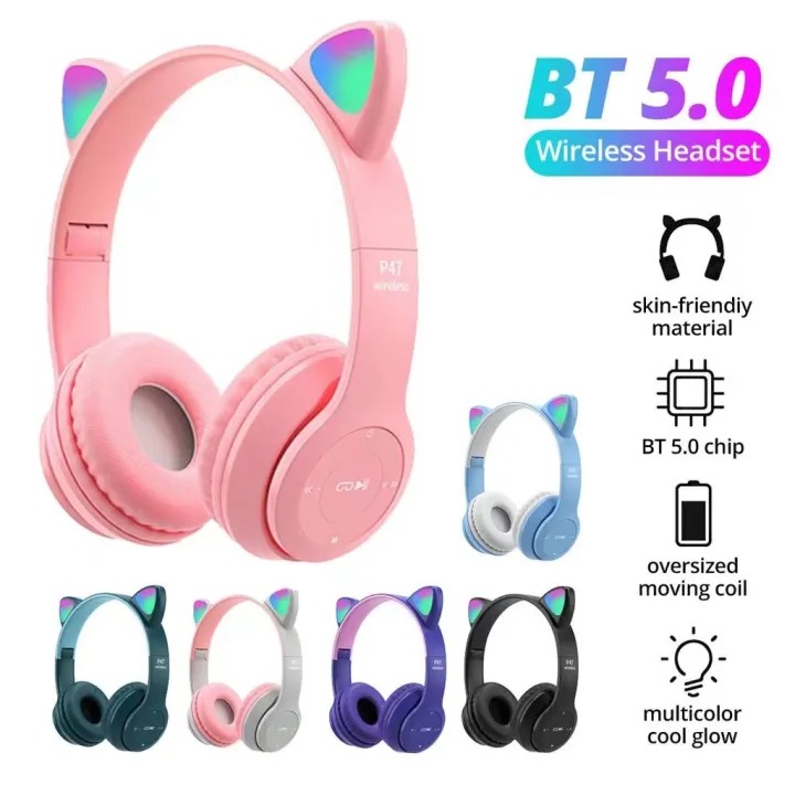 P47M Cute Fashion Cat Ears Wireless Headphones Flash Light LED RGB Gaming Bluetooth Headset For Girl Kids Foldable Earphones Gif