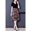 Women Cotton V Neck High Waist Midi Skirt Sweet Floral Printing Dress Summer Short Sleeves Fake Two Piece A-line Skirt. 