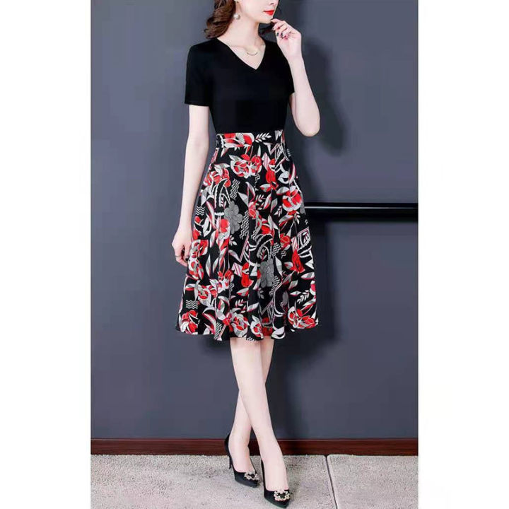 Women%20Cotton%20V%20Neck%20High%20Waist%20Midi%20Skirt%20Sweet%20Floral%20Printing%20Dress%20Summer%20Short%20Sleeves%20Fake%20Two%20Piece%20A-line%20Skirt%20-%20Image%208