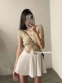 2023Summer New Korean Style Fashion Single-Breasted Pure Desire Style Knitted Top Women's Sweet High Waist Pleated Skirt Suit. 
