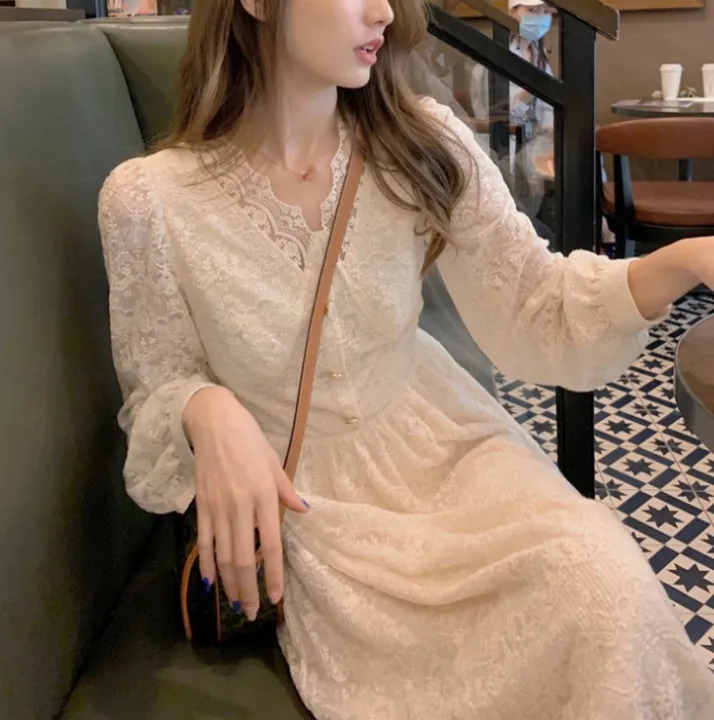 Yfashion%20French%20Style%20Lace%20Dress%20For%20Women%20Cotton%20Elegant%20Long%20Sleeves%20V%20Neck%20A-line%20Skirt%20Solid%20Color%20Mid-length%20Dress%20-%20Image%202