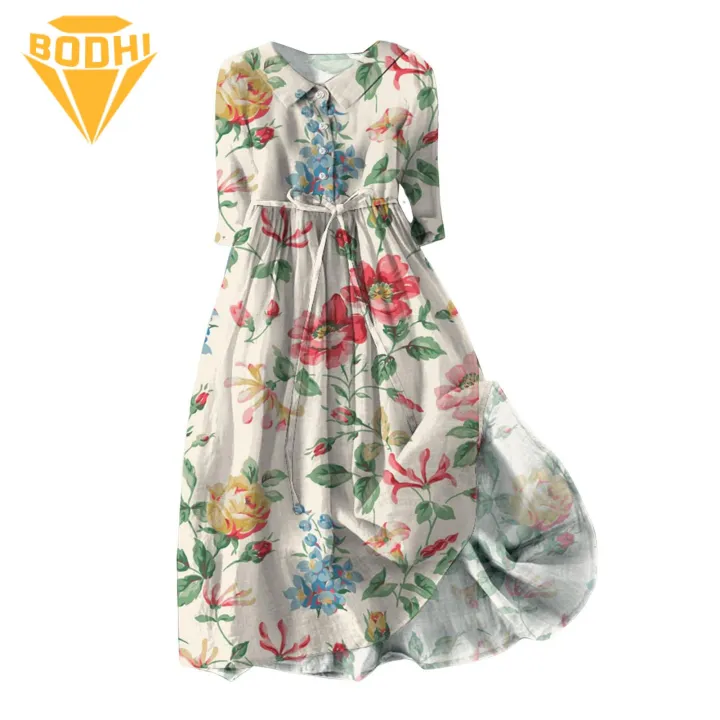 Bohemian Style Dress Bohemian Floral Print Midi Dress with Lace-up Detail Women's Spring A-line Dress for High Waist Fashion Style Summer Midi Dress