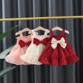 Summer Red Bow Baby Girl Princess Dress Ruffle Solid Color Infant Sling Dress Christmas Wedding Party Girls Children'S Clothing (0-3 Years). 