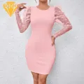 Long Sleeve Women Dress Sheath Dress with Mesh Petal Applique for Office Party Slim Fit Round Neck Long Sleeves High Waist Mini Dress for Women Spring Summer Fashion Women Round Neck Dress. 