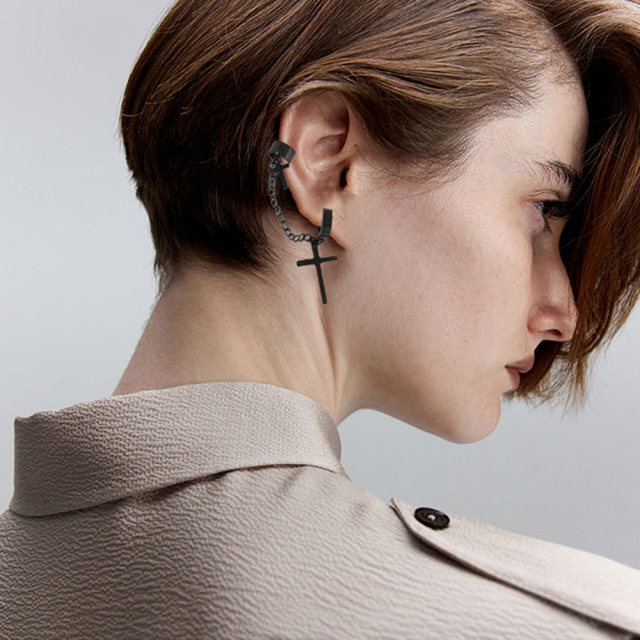 %E3%80%90ETOP%E3%80%911Pc%20Black/Silver%20Punk%20Stainless%20Steel%20Earrings%20Metal%20Chain%20Double%20Cross%20Pendents%20Earring%20Gothic%20Jewelry%20Unisex%20-%20Image%203