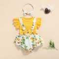 2Pcs Sweet Style Baby Girls Outfit, Toddlers Summer Floral/Lemon/Dot Printing Fly Sleeve Splicing Romper + Bow Headwear Set. 