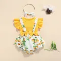 2Pcs Sweet Style Baby Girls Outfit, Toddlers Summer Floral/Lemon/Dot Printing Fly Sleeve Splicing Romper + Bow Headwear Set. 