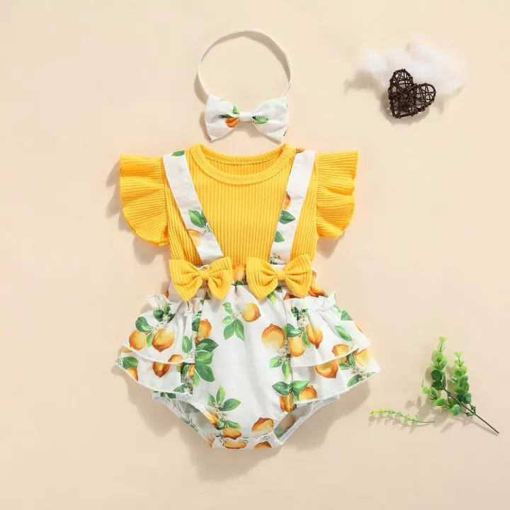 2Pcs Sweet Style Baby Girls Outfit, Toddlers Summer Floral/Lemon/Dot Printing Fly Sleeve Splicing Romper + Bow Headwear Set