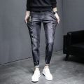 Summer Thin Jeans Men's Fashion Ripped Slim Fit Cropped Skinny Pants Men's Korean Stretch Casual Long Pants. 